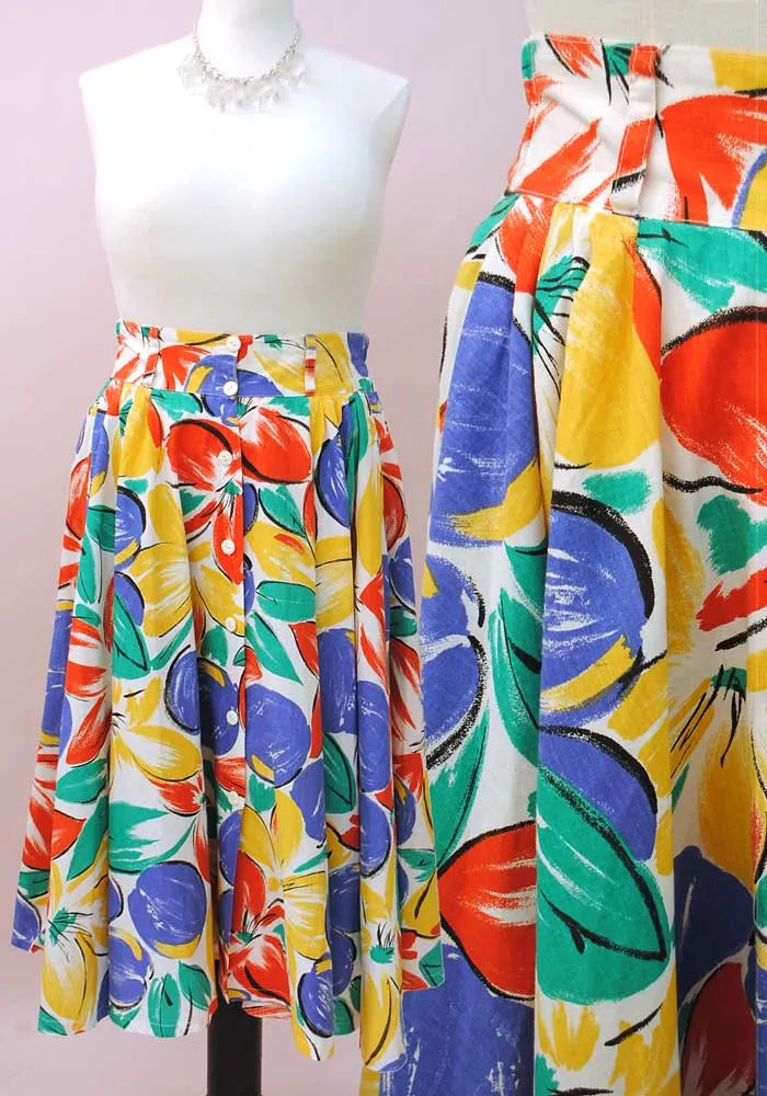 1980s Vintage Colourful Print Full Circle Skirt with Pockets