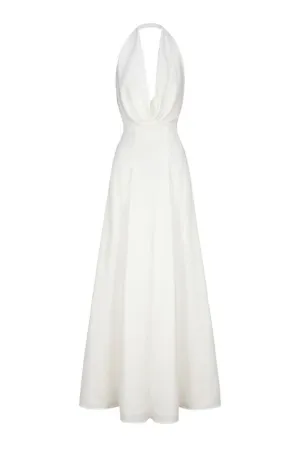 ANIYA WHITE SATIN V-NECK GOWN