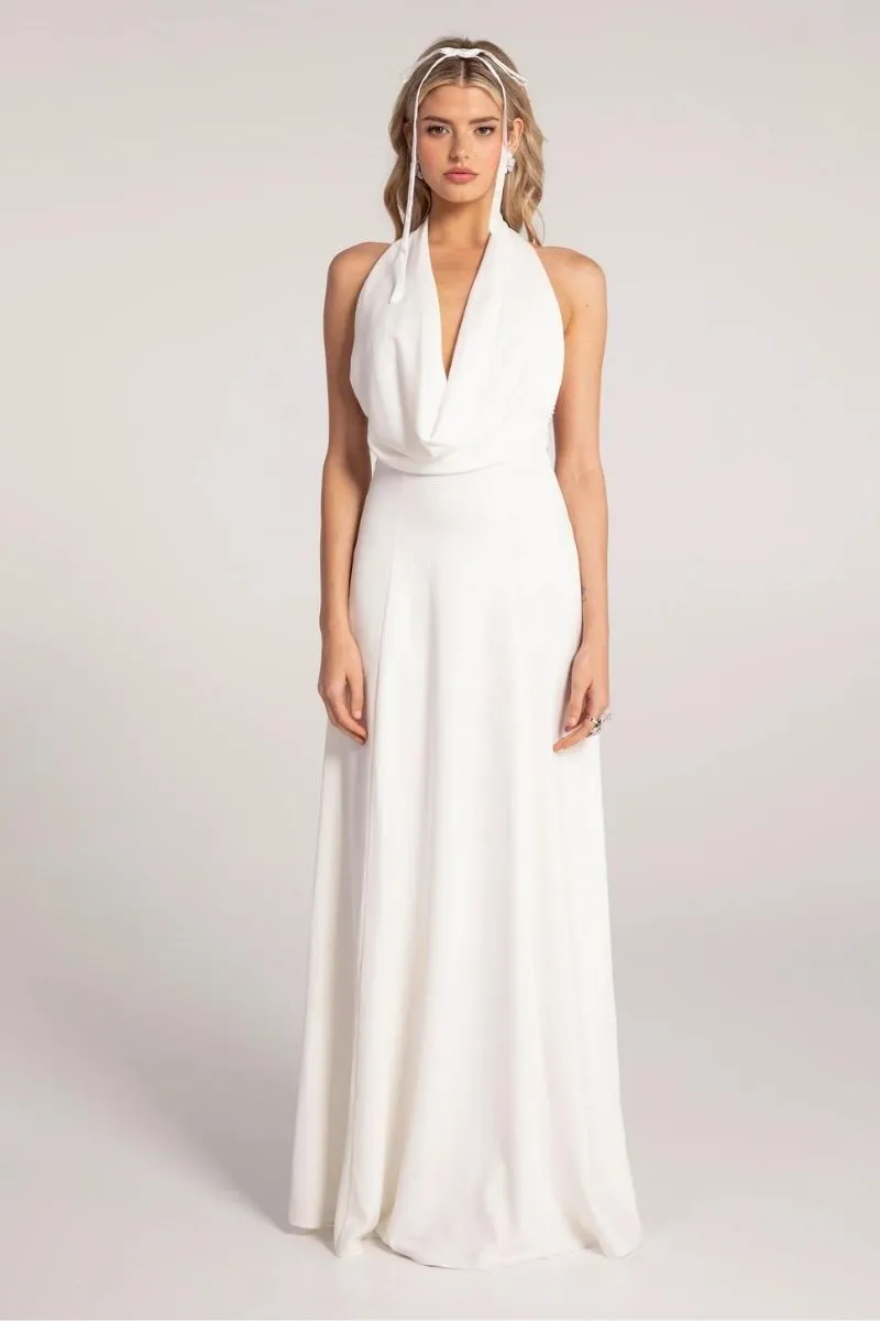 ANIYA WHITE SATIN V-NECK GOWN