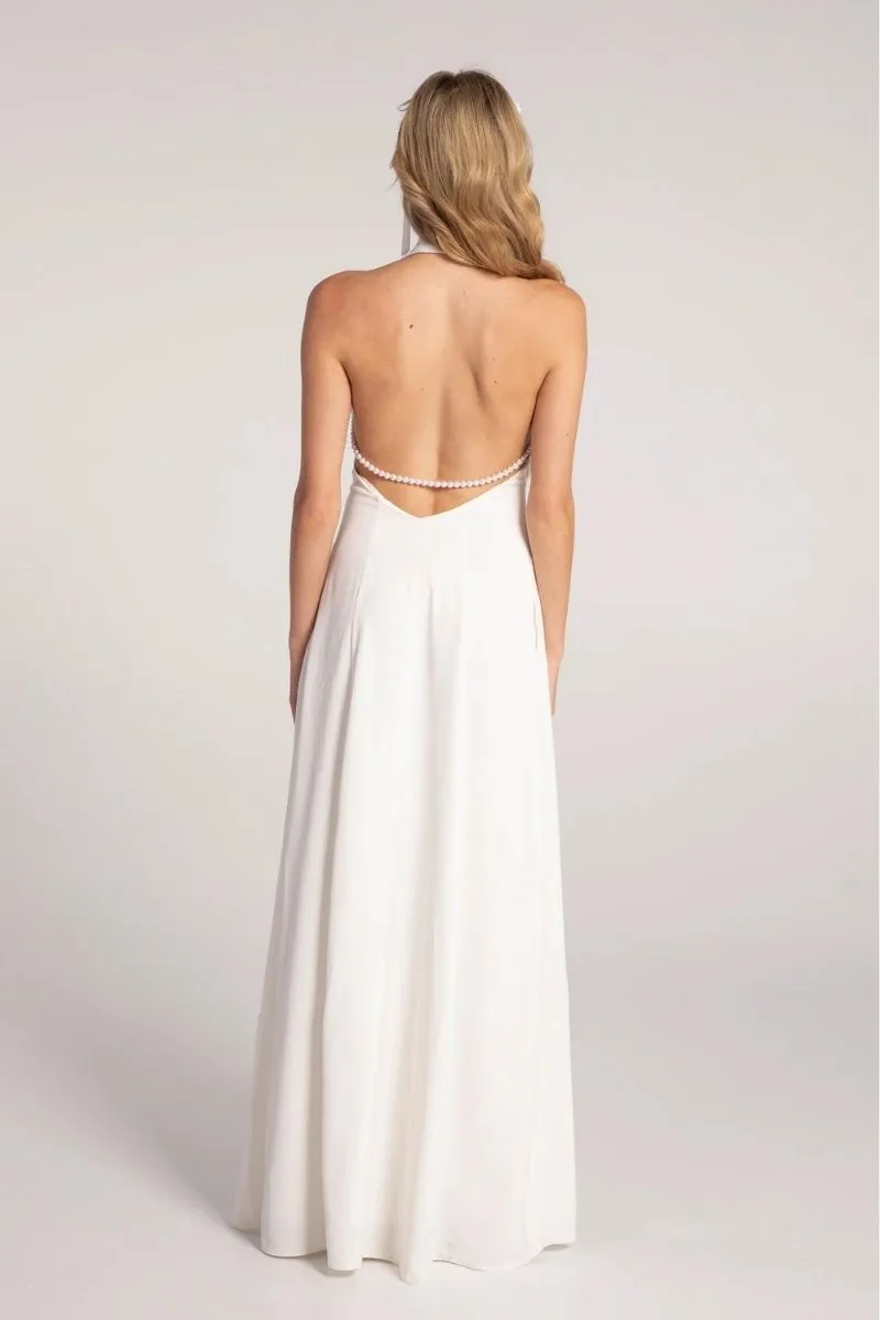 ANIYA WHITE SATIN V-NECK GOWN