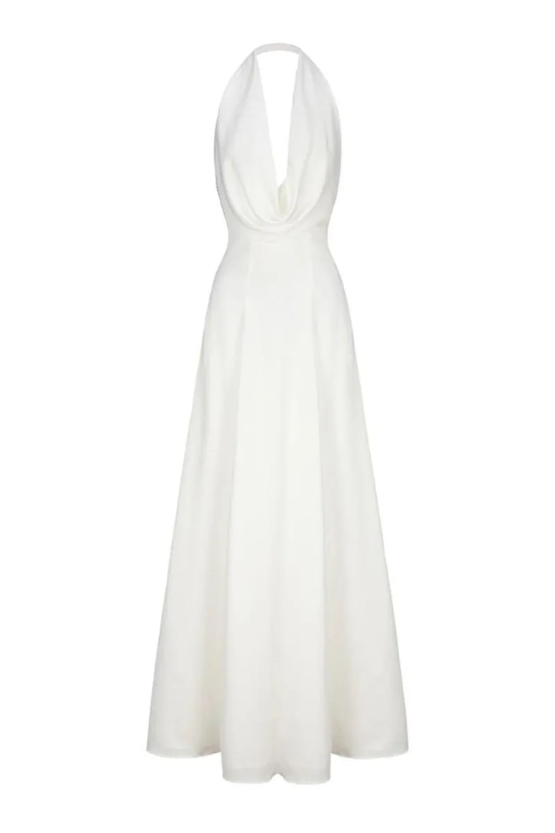 ANIYA WHITE SATIN V-NECK GOWN