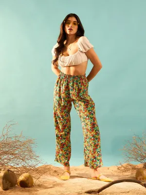 Berrylush Women Red, Yellow, & Green Floral Printed High-Rise Elastic Waist Slip-On Regular Parallel Trousers