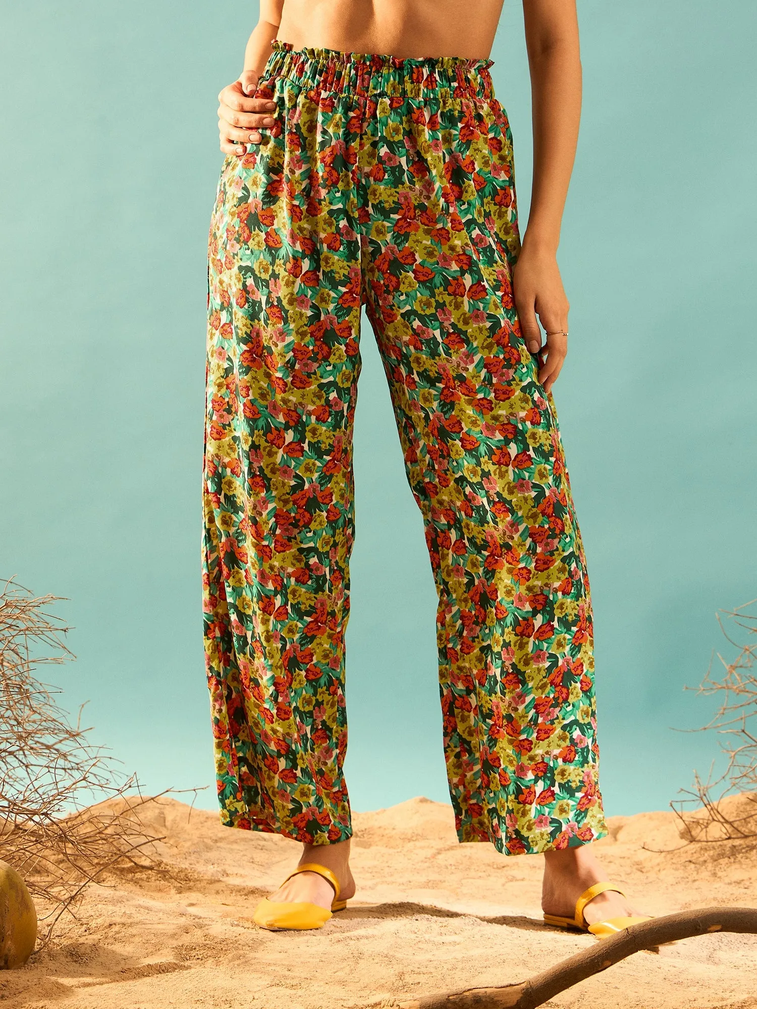 Berrylush Women Red, Yellow, & Green Floral Printed High-Rise Elastic Waist Slip-On Regular Parallel Trousers