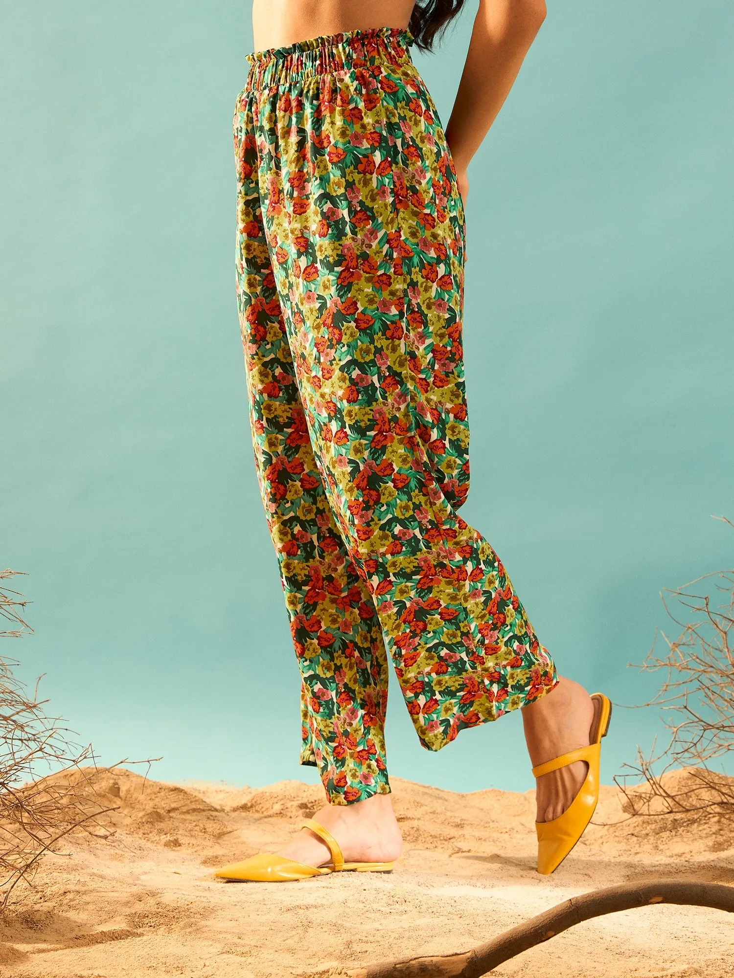 Berrylush Women Red, Yellow, & Green Floral Printed High-Rise Elastic Waist Slip-On Regular Parallel Trousers