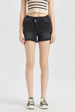 Black Denim Crossover Waist Shorts