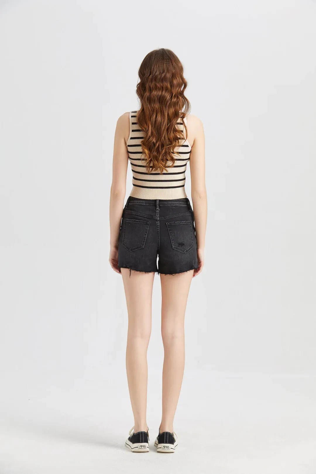 Black Denim Crossover Waist Shorts