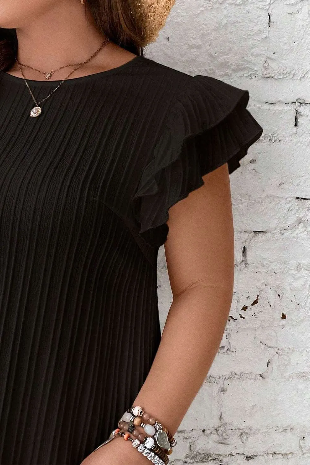 Black Plus Size Ruffle Sleeve Rib Textured Mini Dress