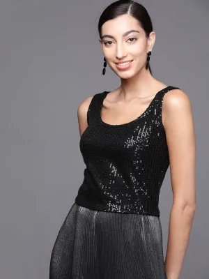 Black Silk blend Sequins Crop Top