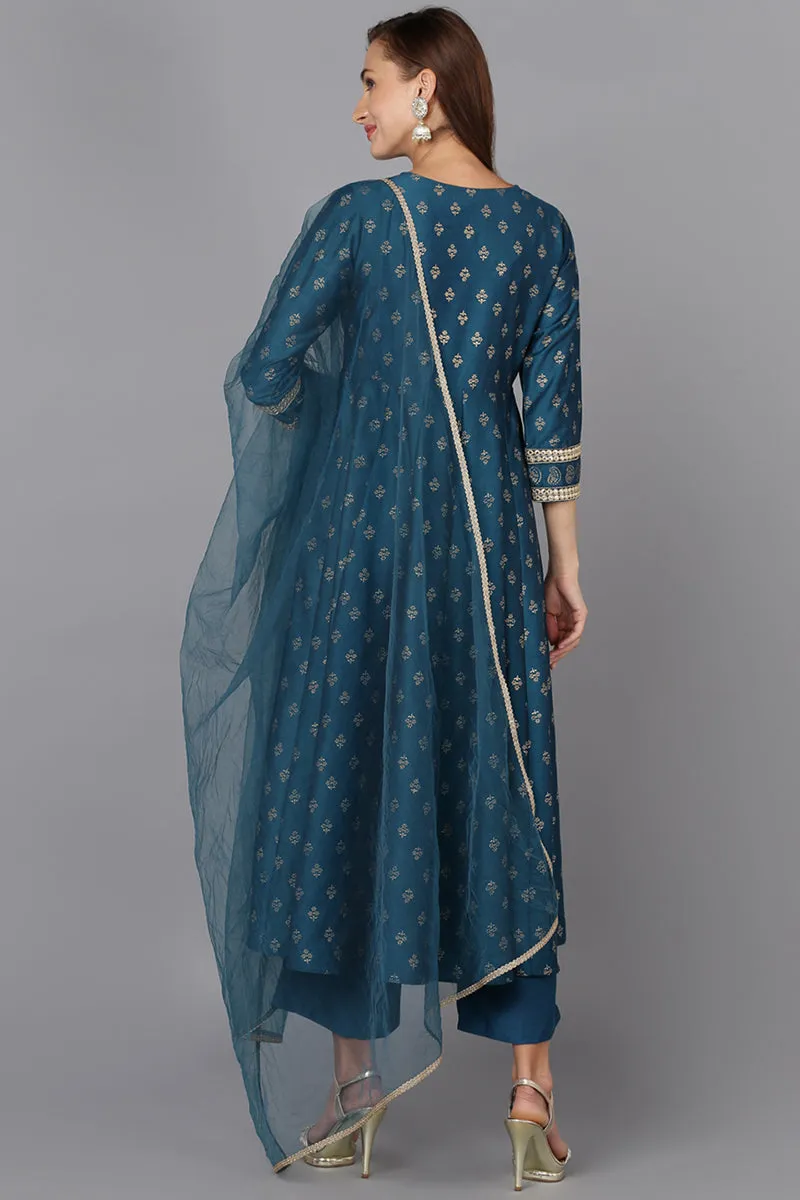 Blue Silk Blend Anarkali Kurta Pant With Dupatta