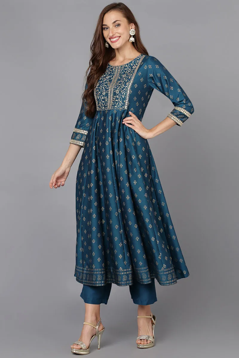 Blue Silk Blend Anarkali Kurta Pant With Dupatta