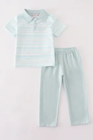 Blue stripe ruffle boy pants set