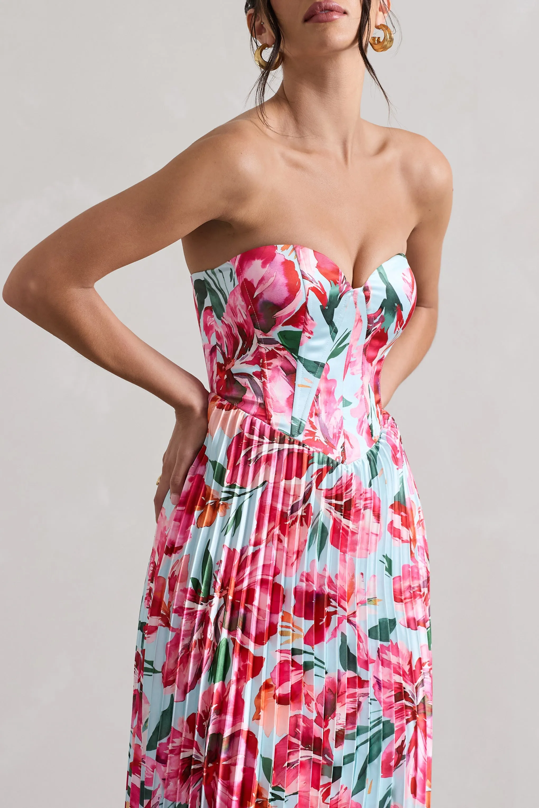 Bordeaux | Mint Floral Print Satin Corset Style Midi Dress