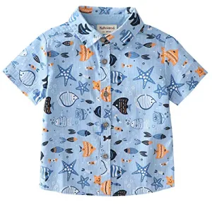 Boy Short Sleeve Blue Sea World Print Linen Shirt