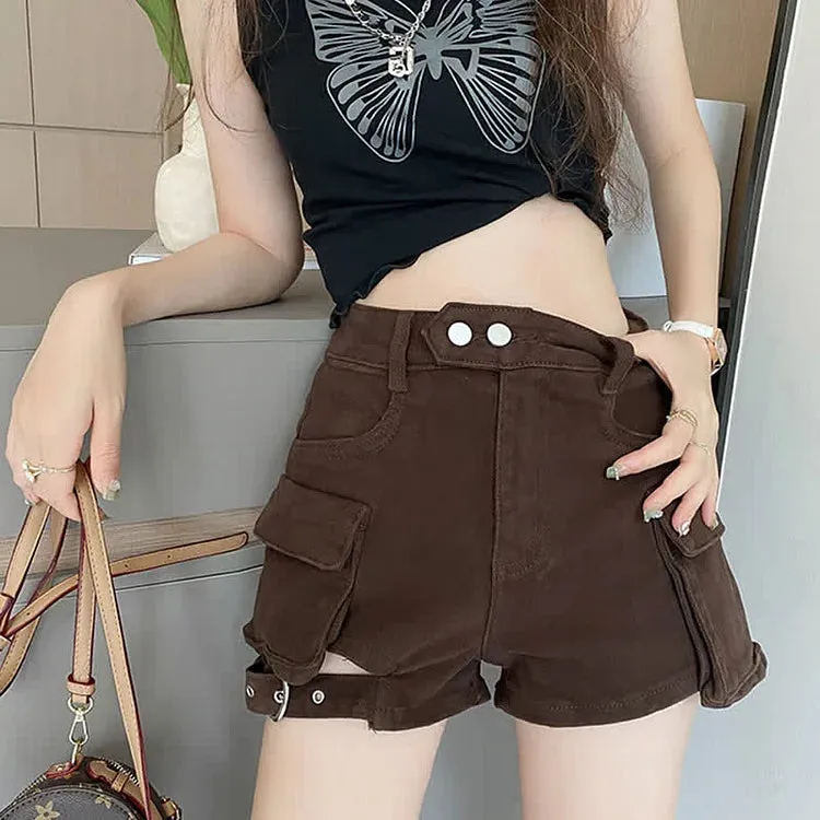 Chic High Waist Cargo Pockets Denim Shorts