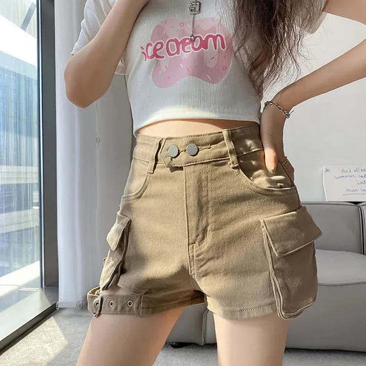 Chic High Waist Cargo Pockets Denim Shorts