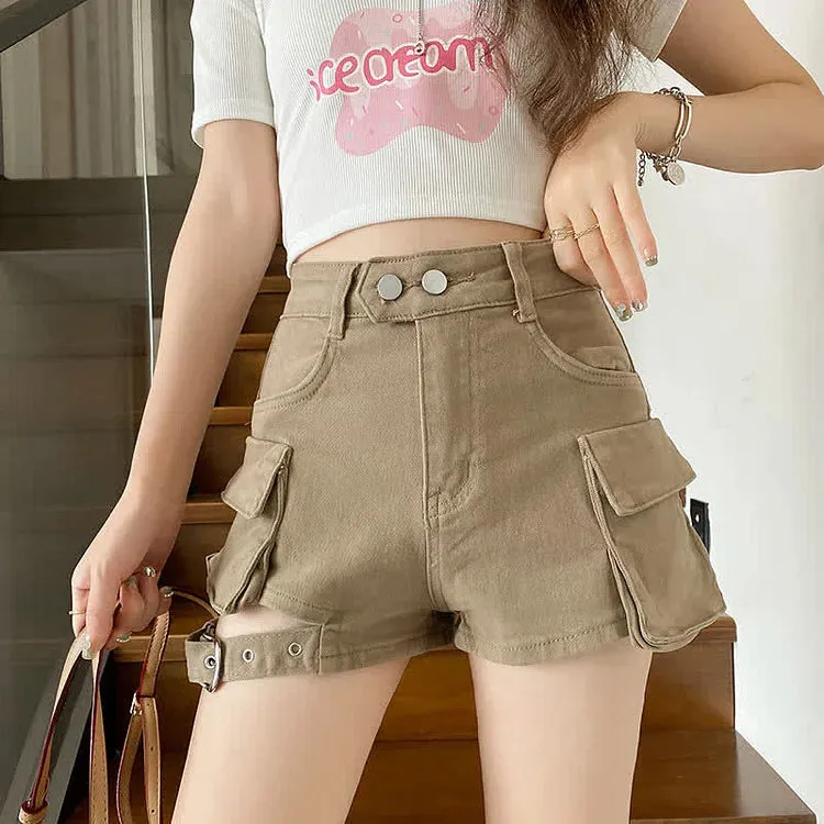 Chic High Waist Cargo Pockets Denim Shorts