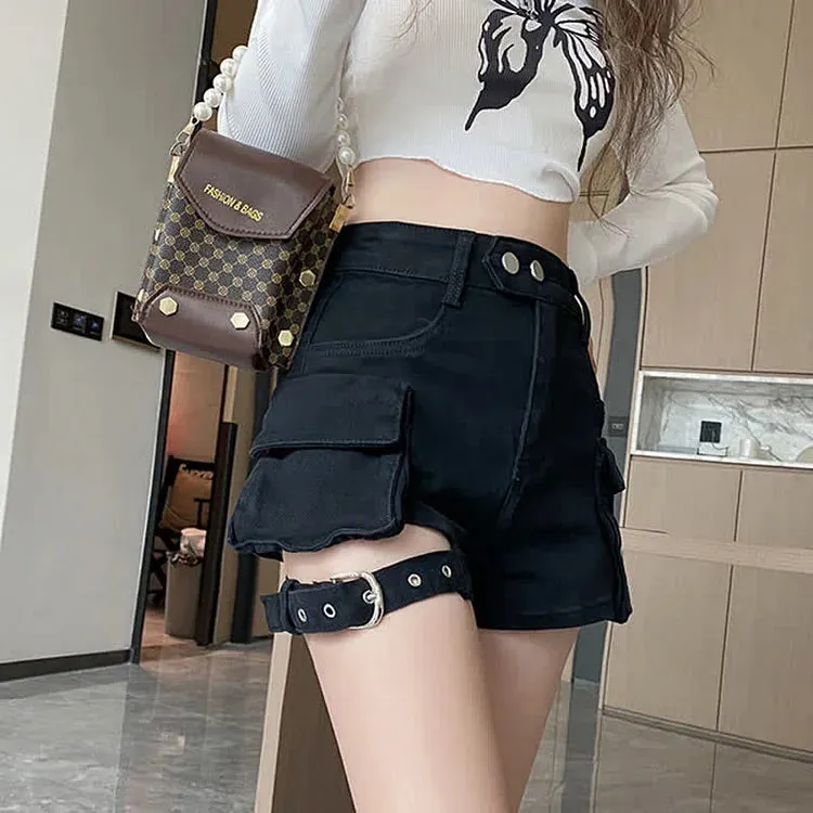 Chic High Waist Cargo Pockets Denim Shorts