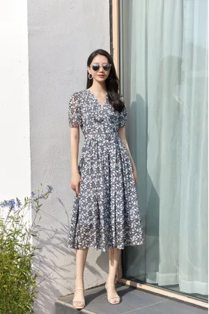 Ditsy Floral Slim Waist Short Sleeve Midi Dress