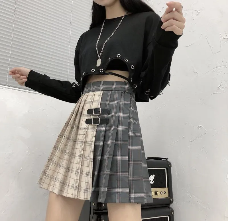 Double Color Strap Plaid Pleated Skirt SD01721