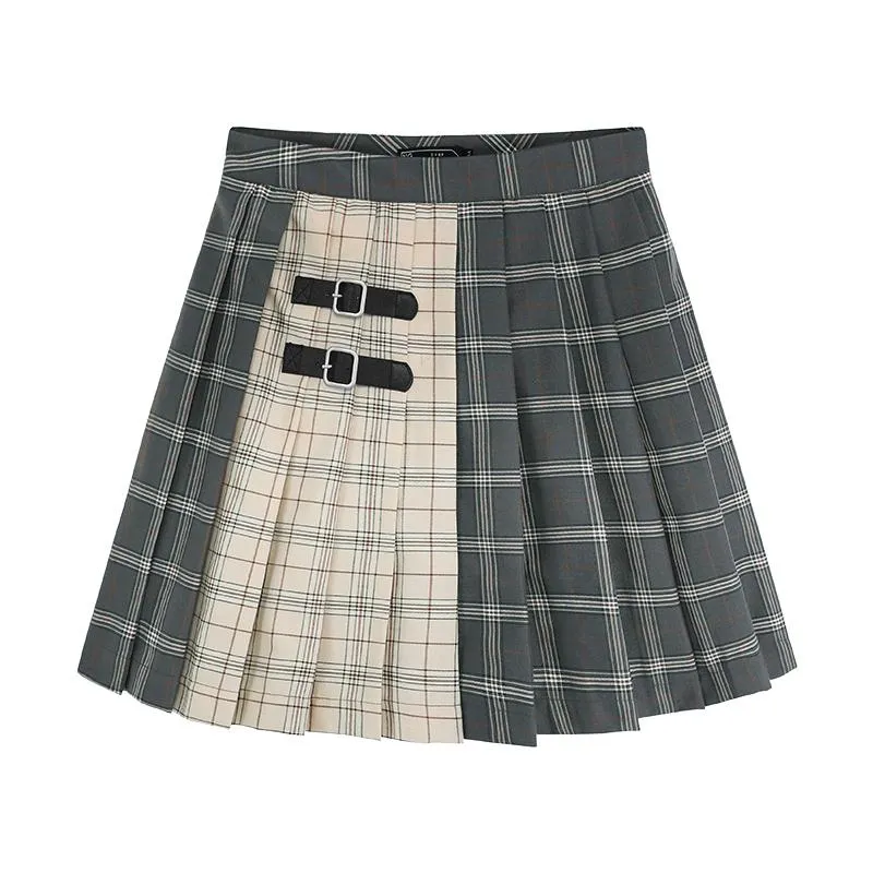 Double Color Strap Plaid Pleated Skirt SD01721