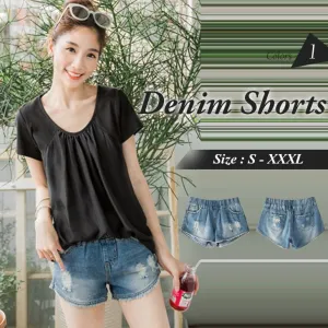 ELASTIC WAIST BRUSHED DENIM SHORTS