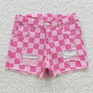 girls pink plaid denim shorts SS0092