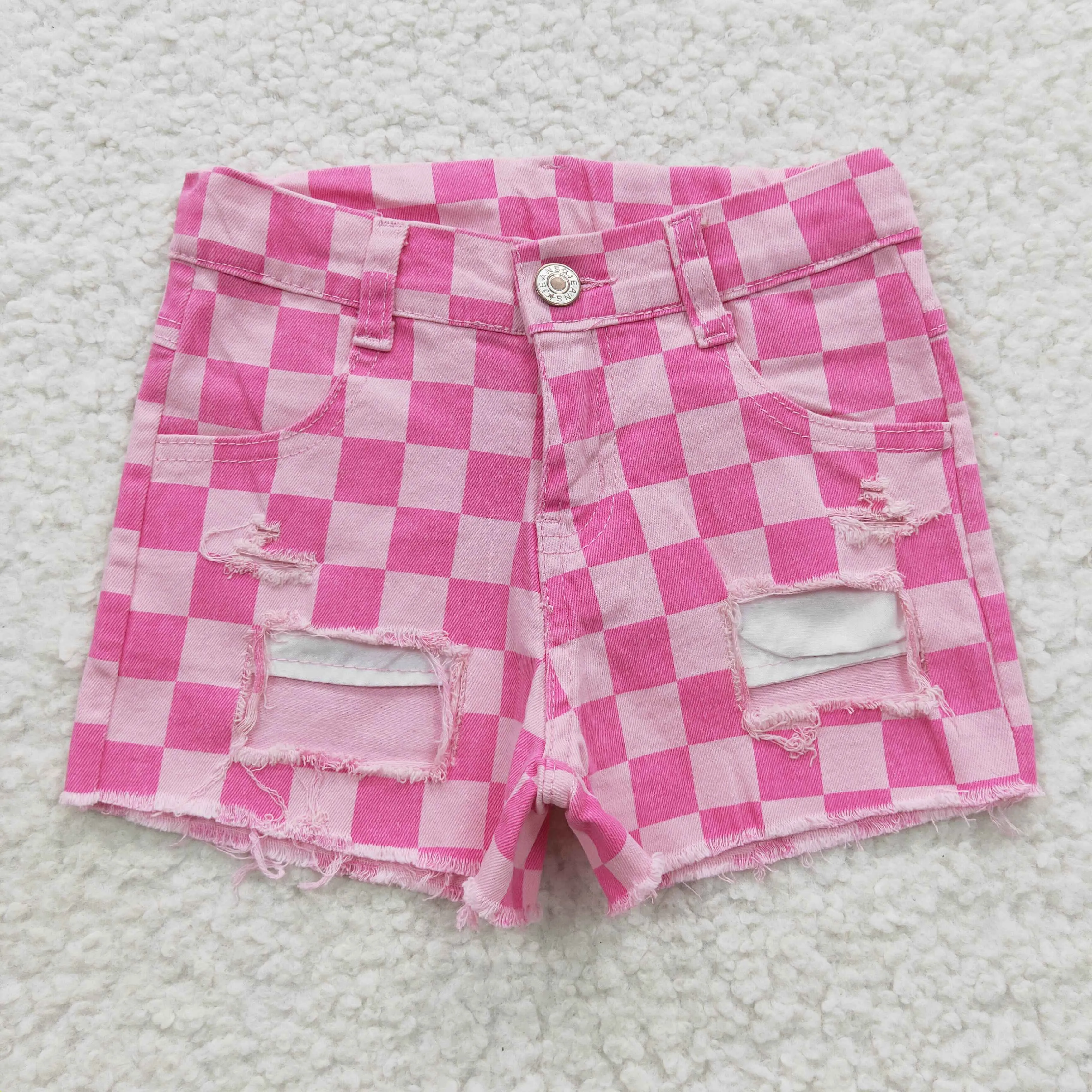 girls pink plaid denim shorts SS0092