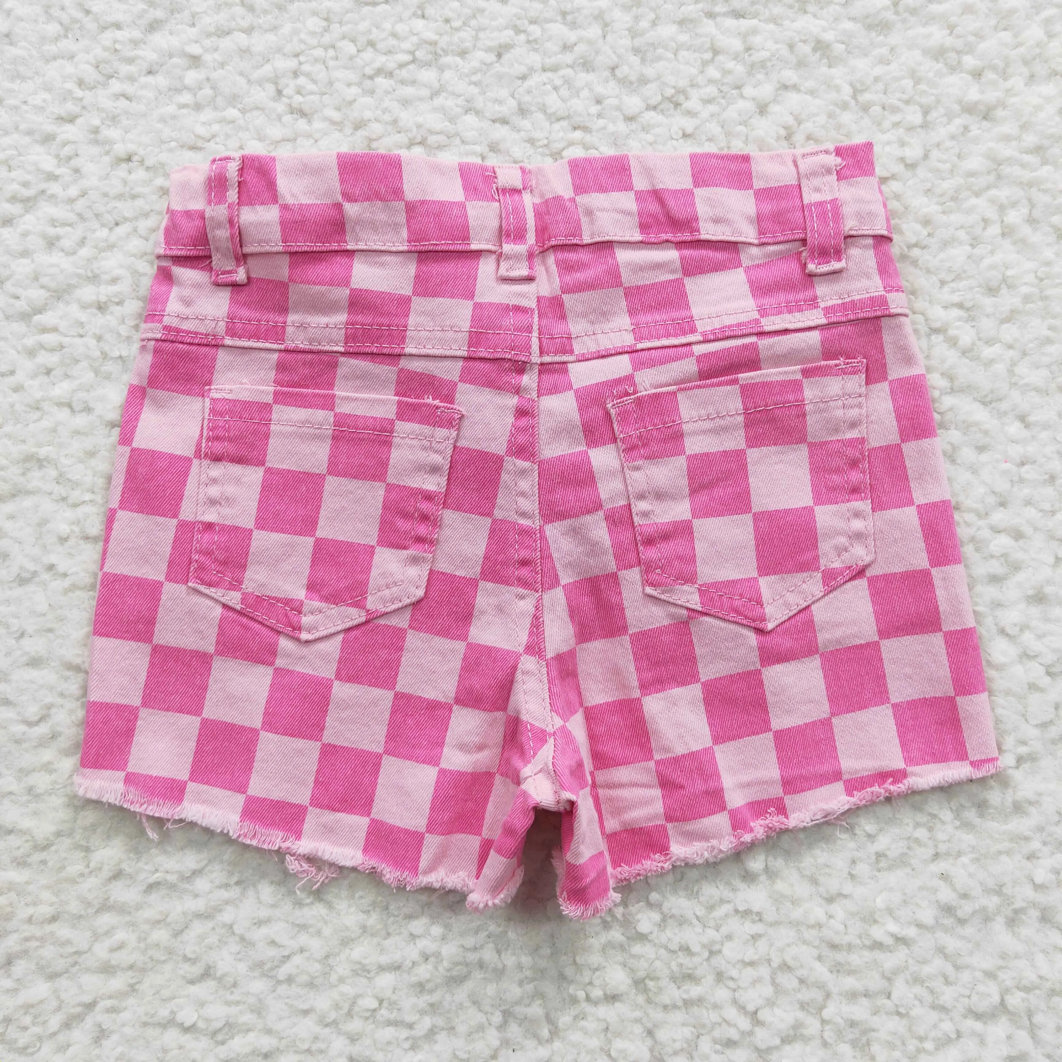 girls pink plaid denim shorts SS0092