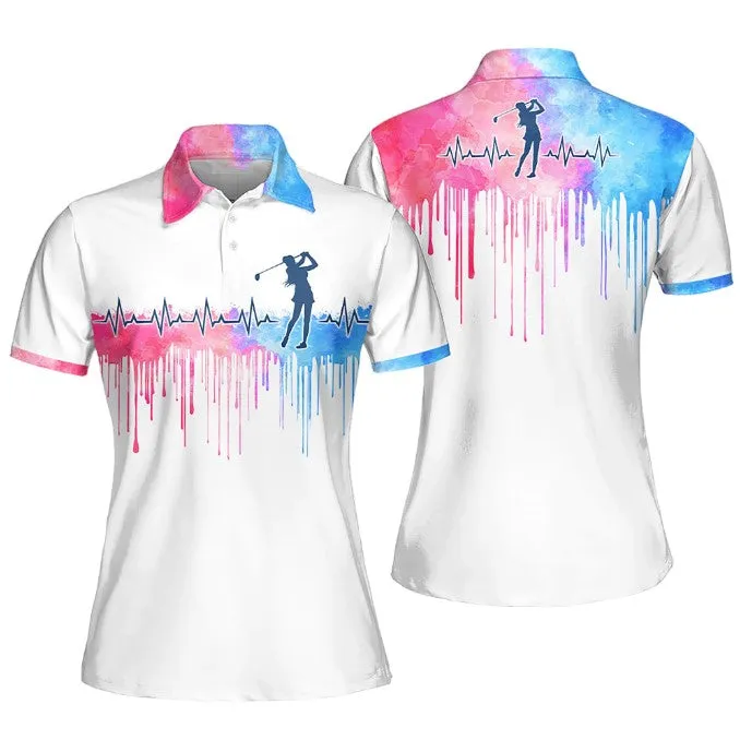 Golf Heart Beat Watercolor Sleeveless Polo Shirt, Golf Short Sleeve Polo Shirt for women