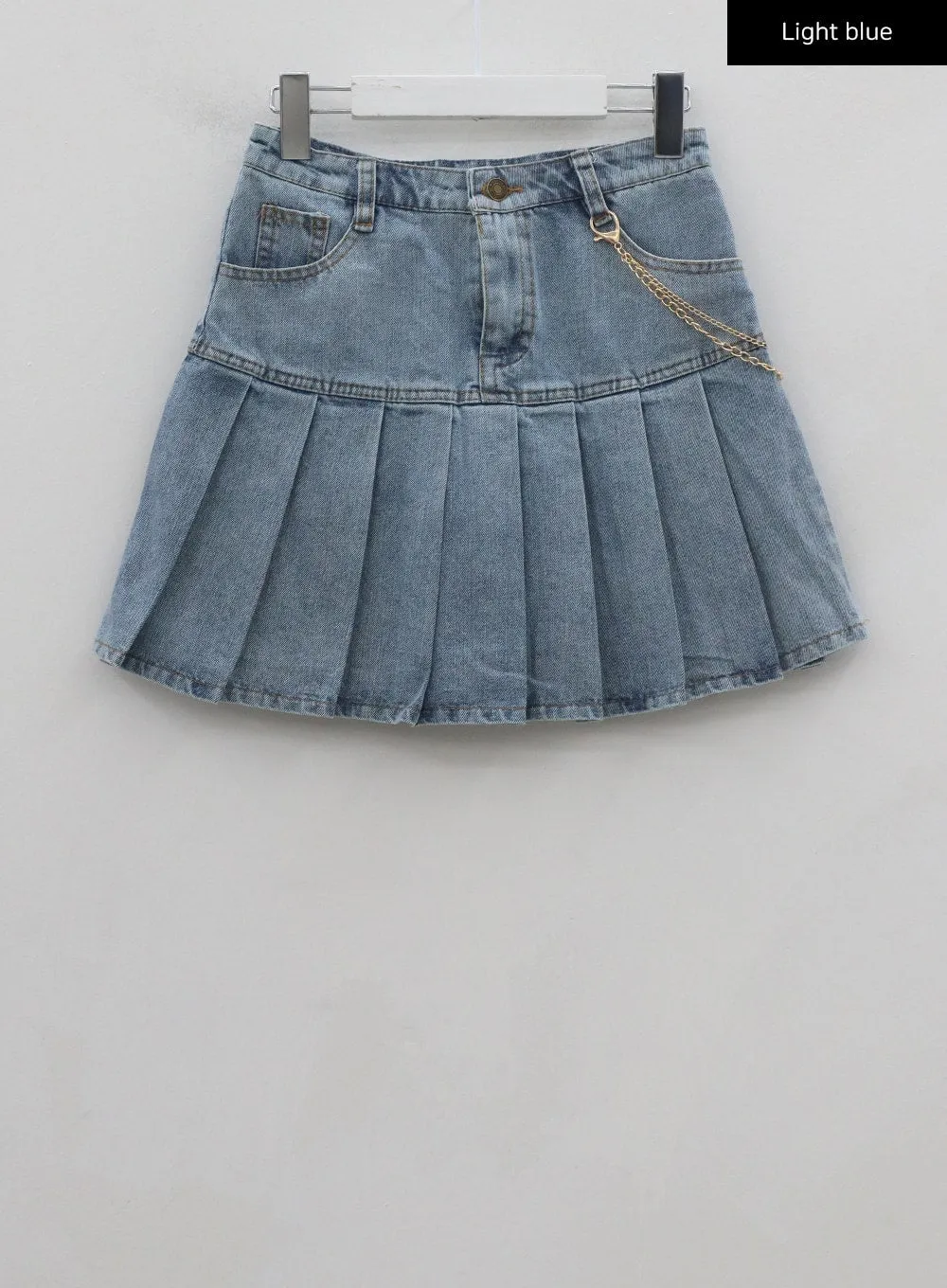 Half Pleated Denim Mini Skirt with Chain Belt BU2207