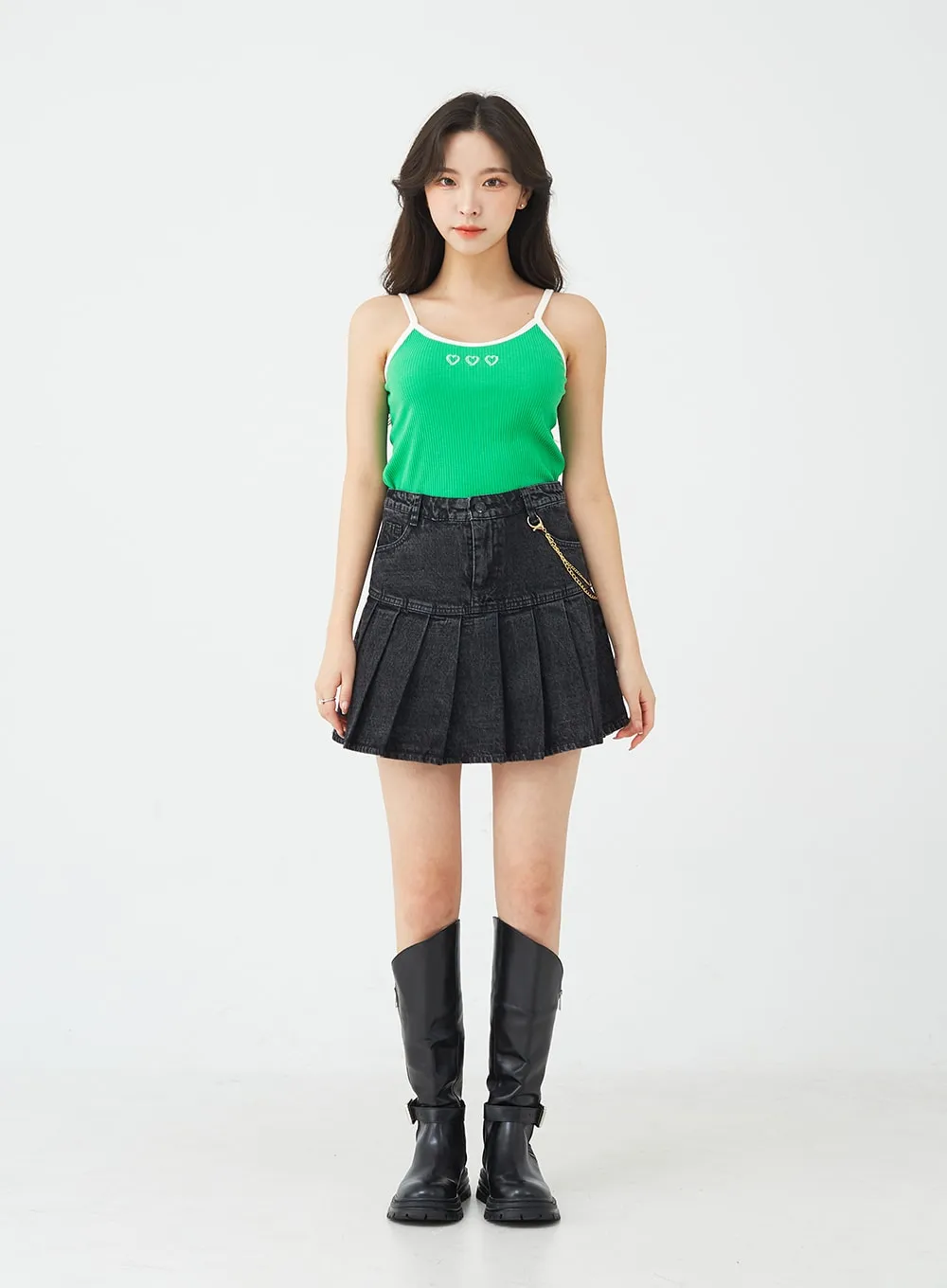 Half Pleated Denim Mini Skirt with Chain Belt BU2207