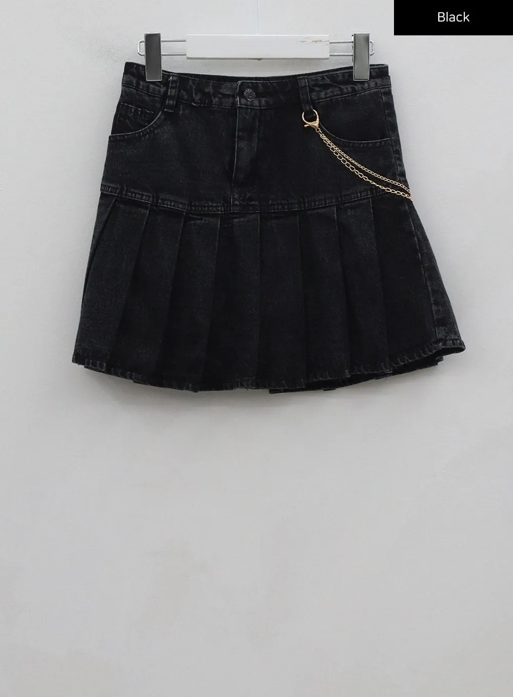 Half Pleated Denim Mini Skirt with Chain Belt BU2207