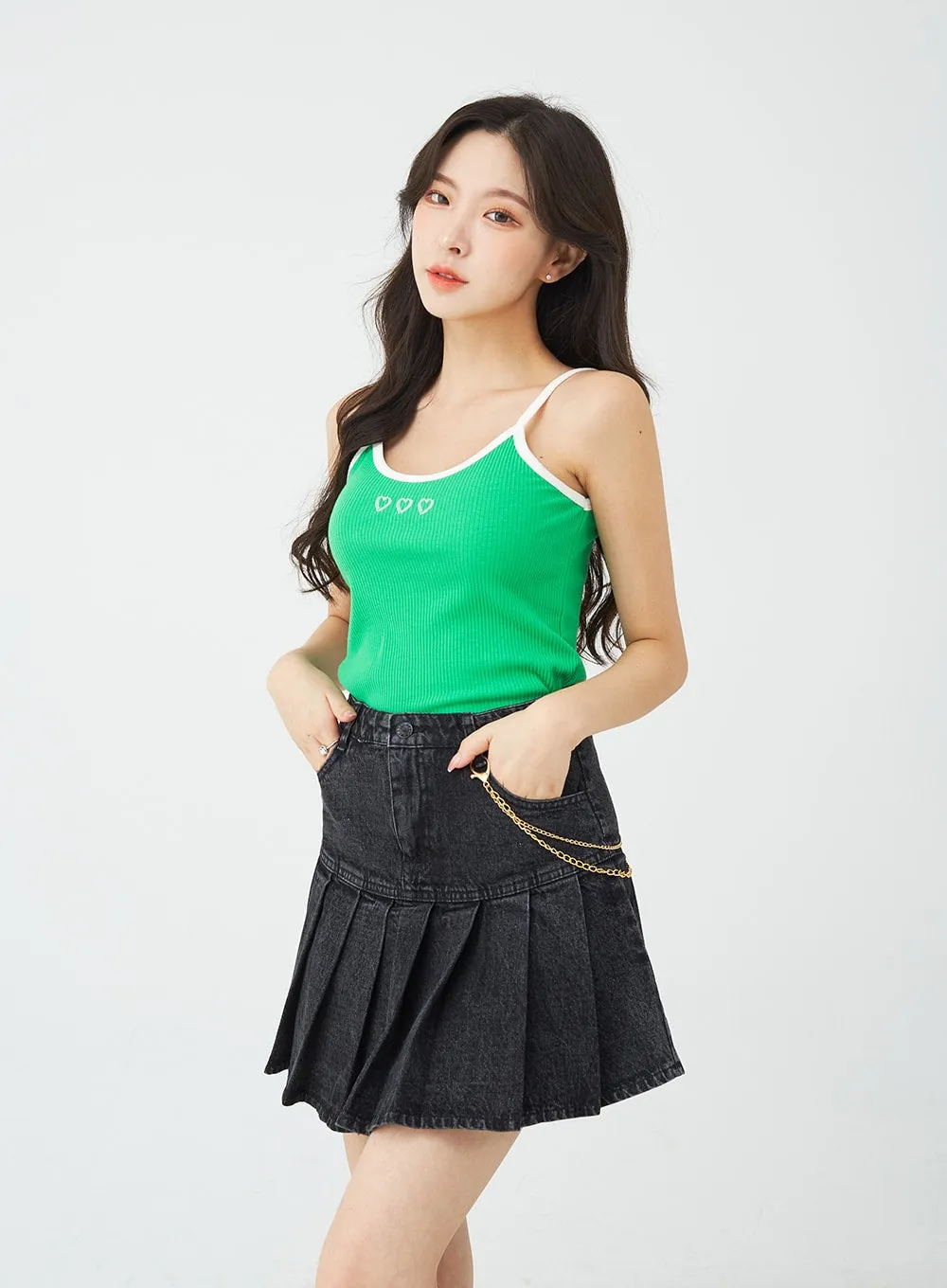 Half Pleated Denim Mini Skirt with Chain Belt BU2207