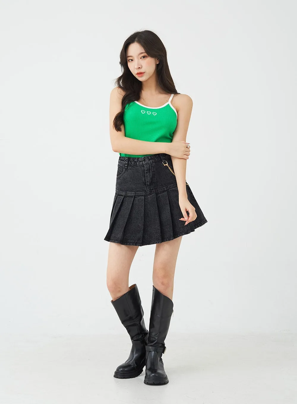 Half Pleated Denim Mini Skirt with Chain Belt BU2207