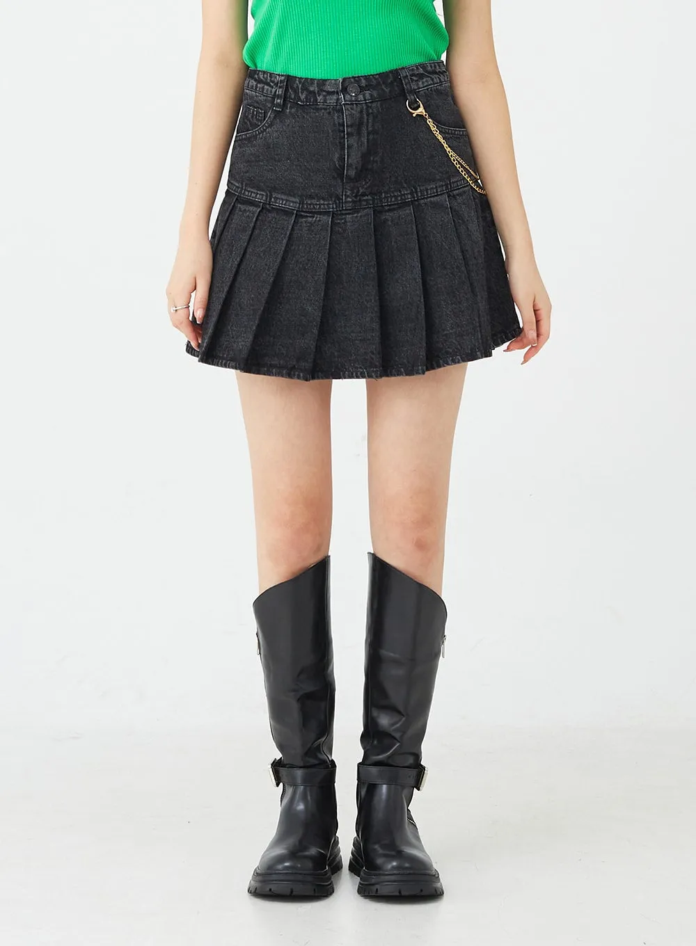 Half Pleated Denim Mini Skirt with Chain Belt BU2207