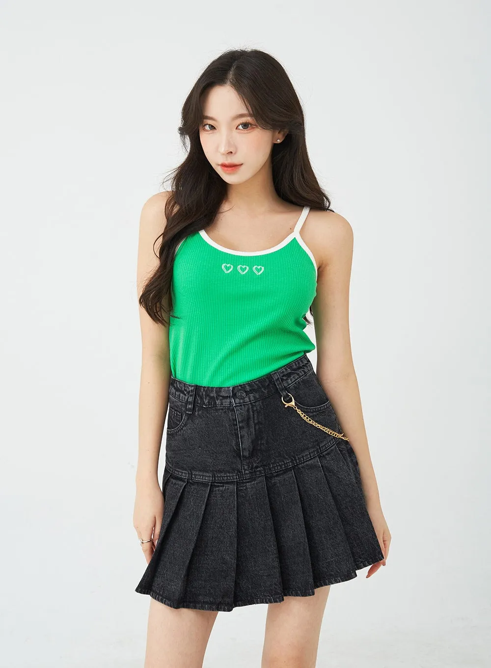 Half Pleated Denim Mini Skirt with Chain Belt BU2207