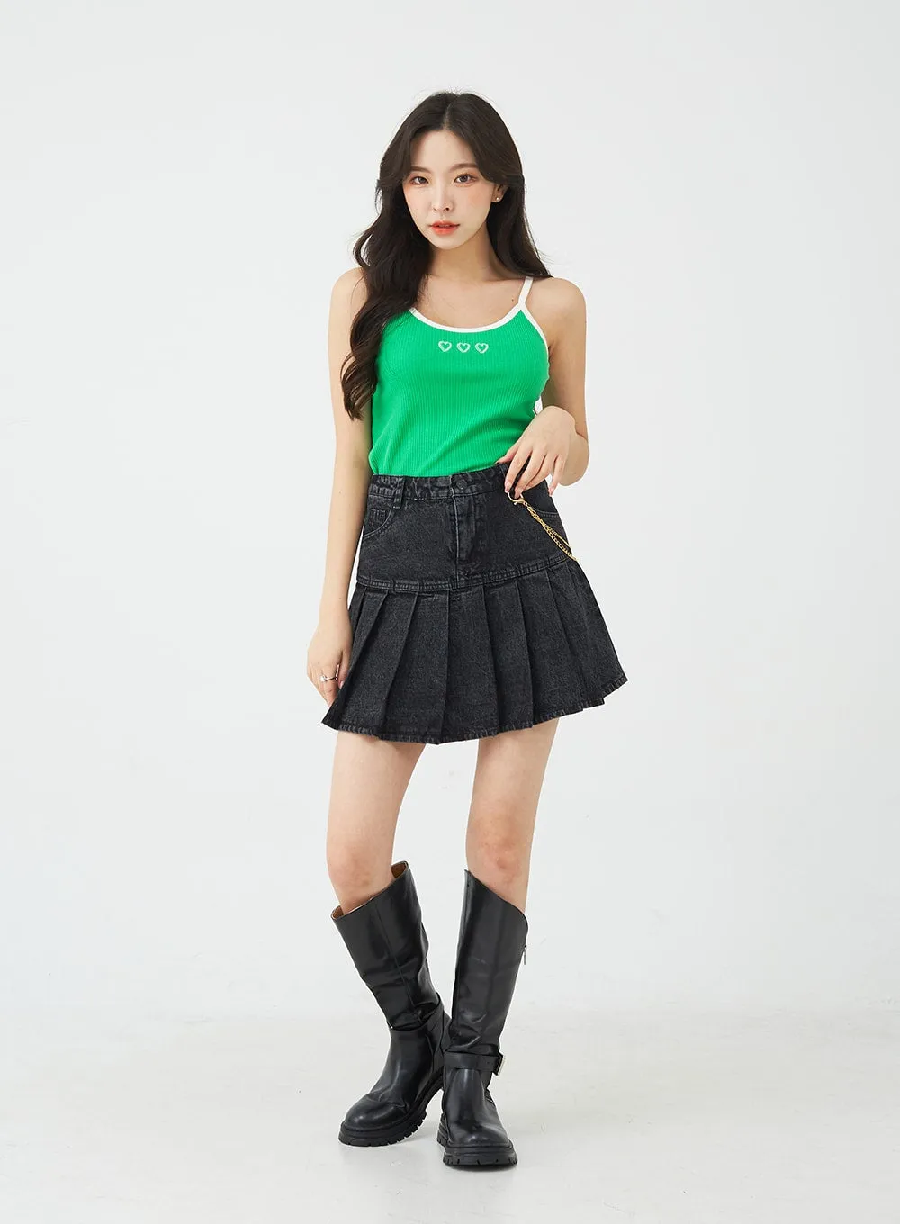 Half Pleated Denim Mini Skirt with Chain Belt BU2207