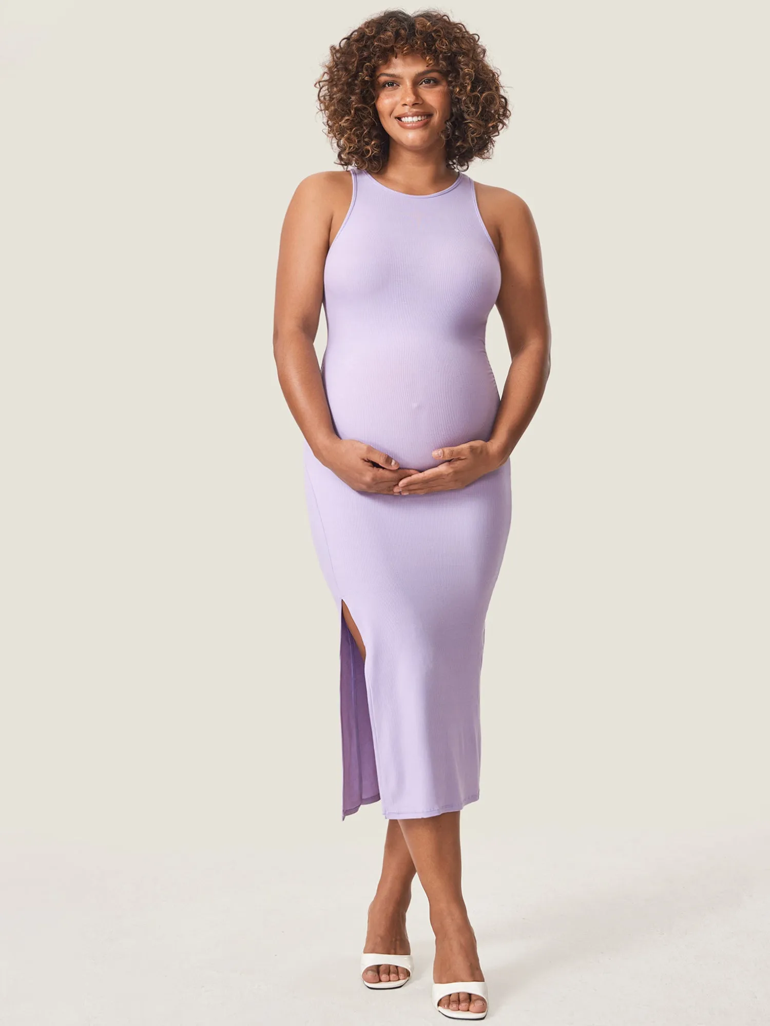 Halter Neck Ribbed Maternity Dress