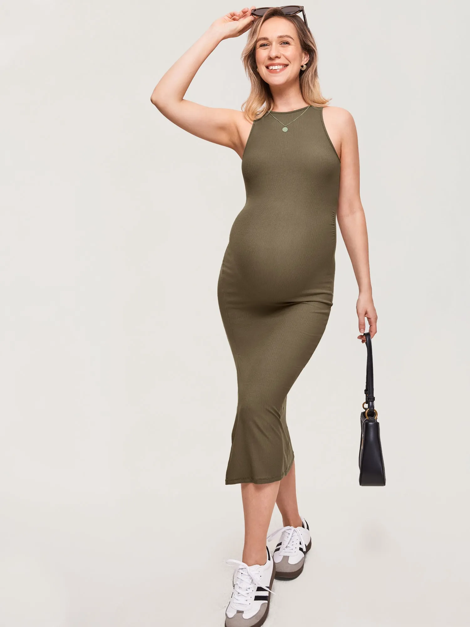 Halter Neck Ribbed Maternity Dress