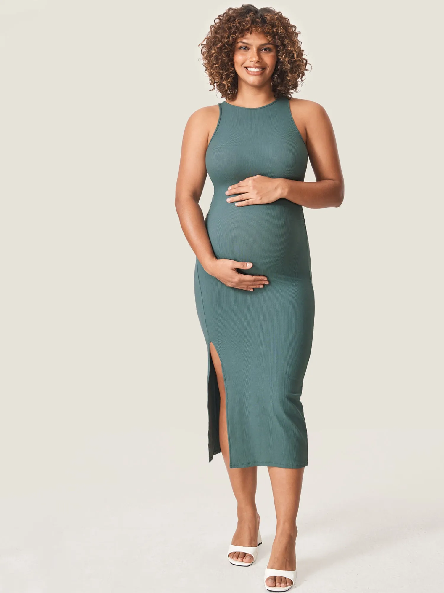 Halter Neck Ribbed Maternity Dress