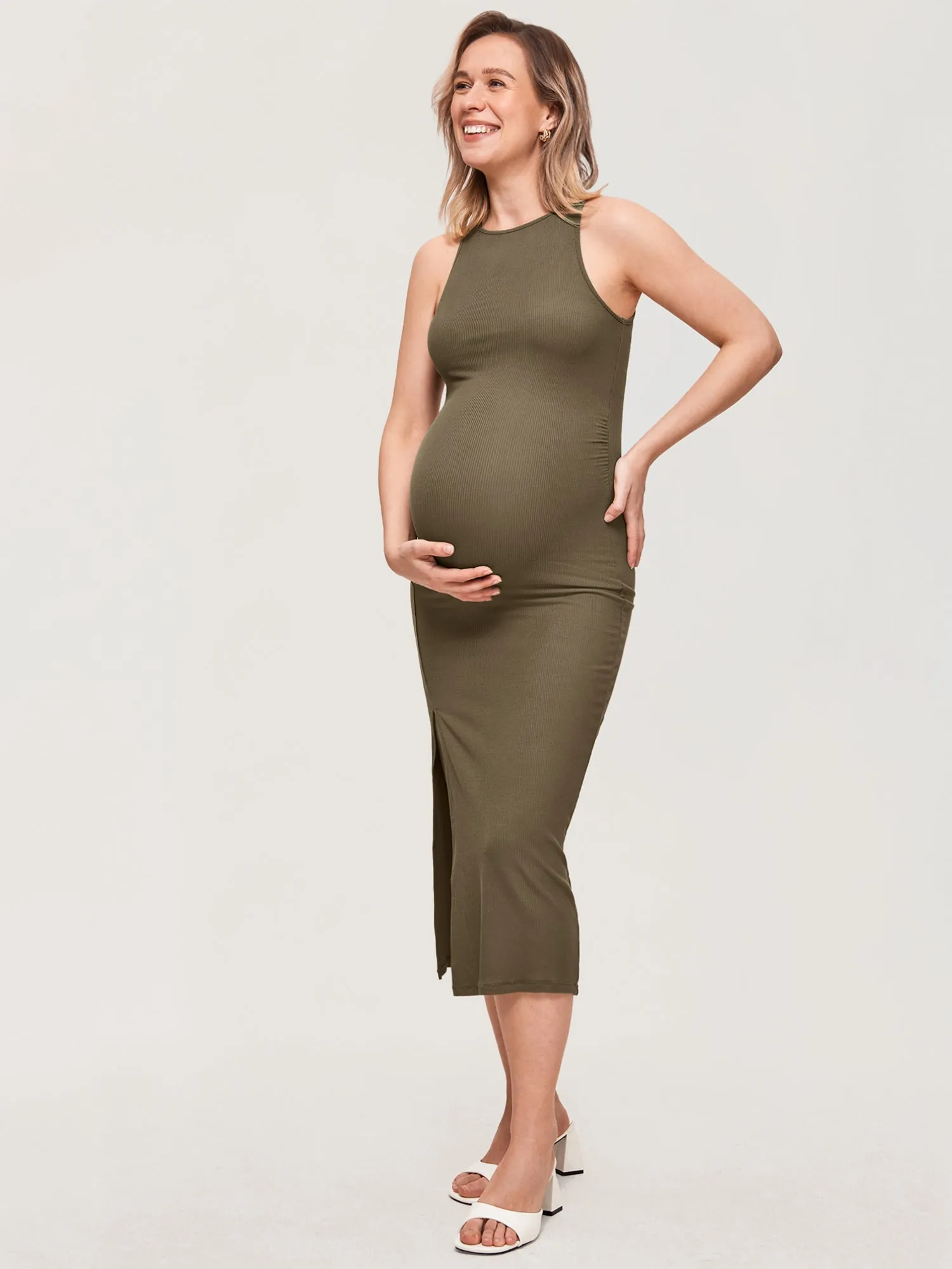 Halter Neck Ribbed Maternity Dress