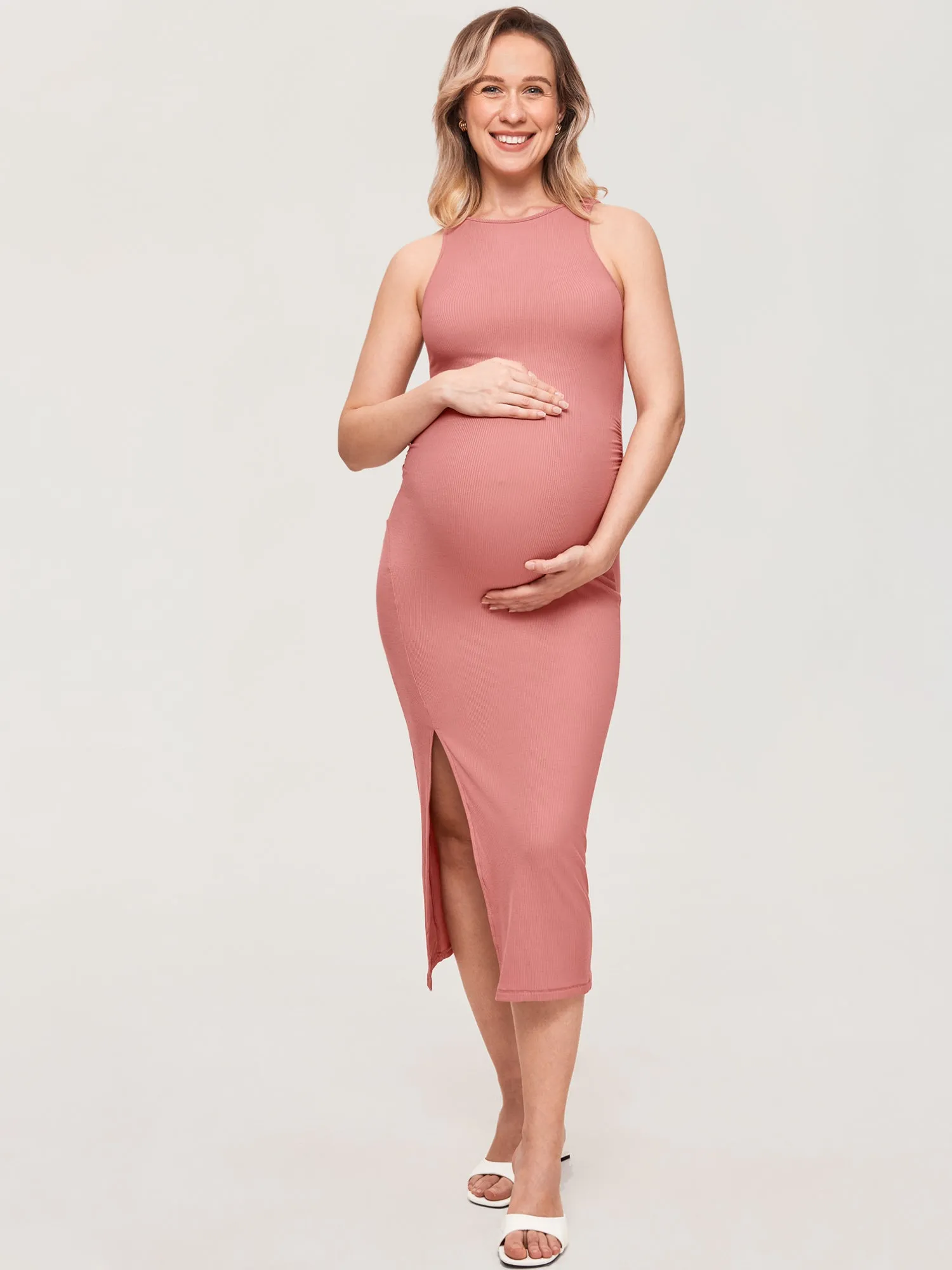 Halter Neck Ribbed Maternity Dress