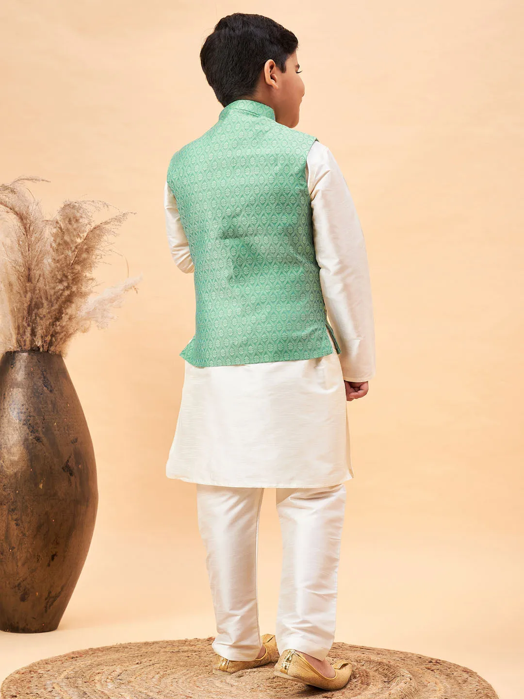 Jashvi Boy's Green Woven Jacket With Cream Kurta and Pyjama Set