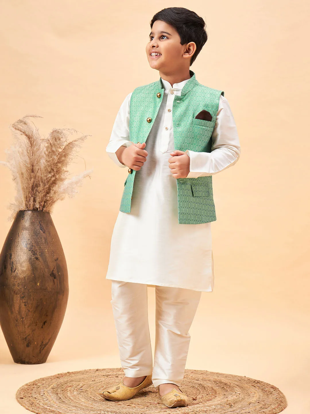 Jashvi Boy's Green Woven Jacket With Cream Kurta and Pyjama Set