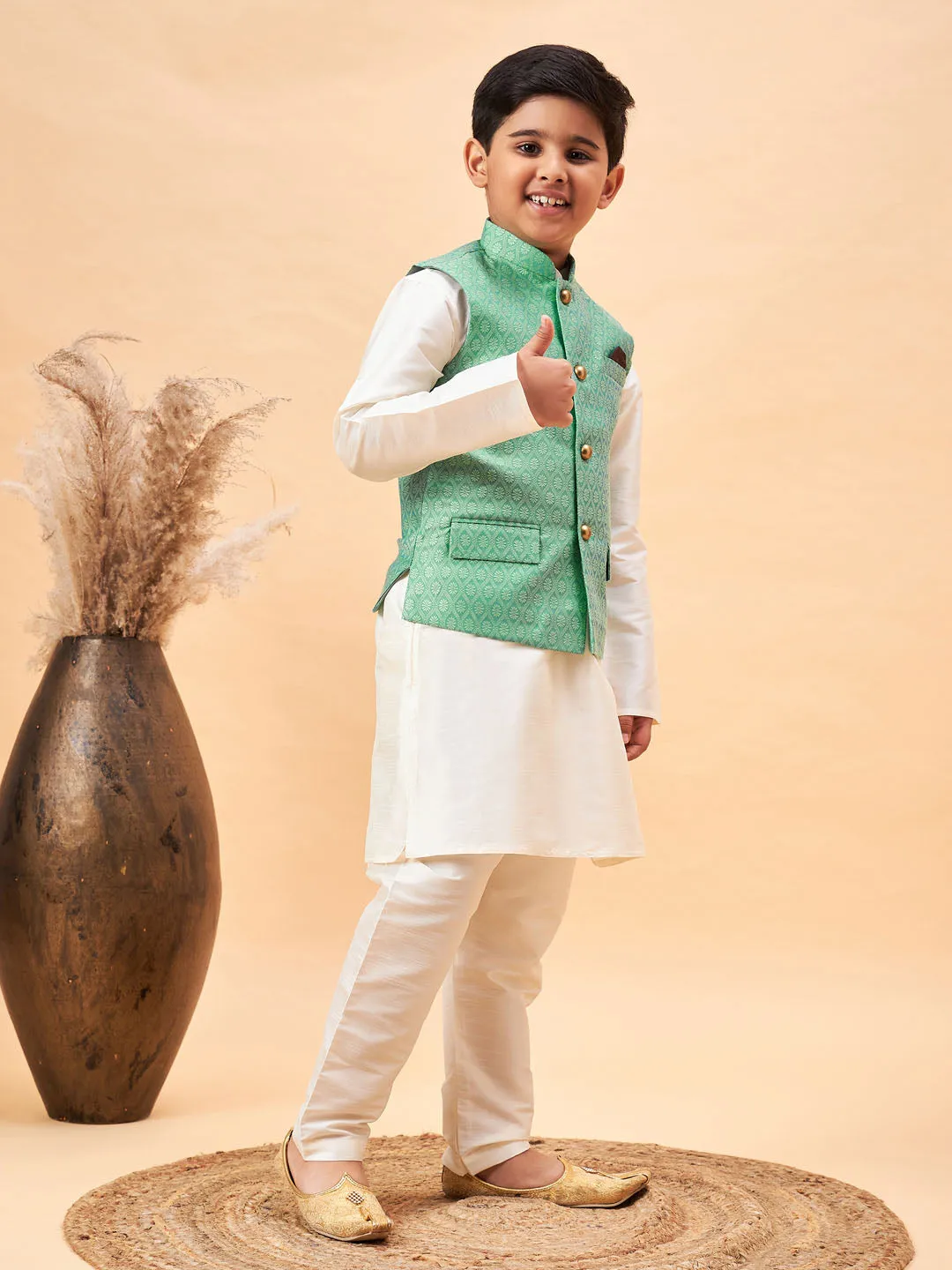 Jashvi Boy's Green Woven Jacket With Cream Kurta and Pyjama Set