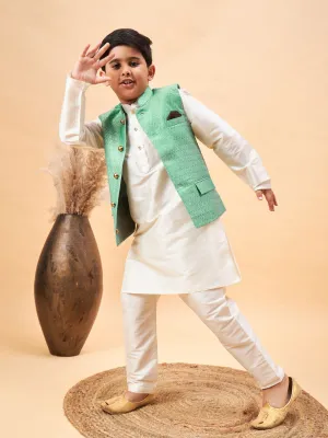 Jashvi Boy's Green Woven Jacket With Cream Kurta and Pyjama Set