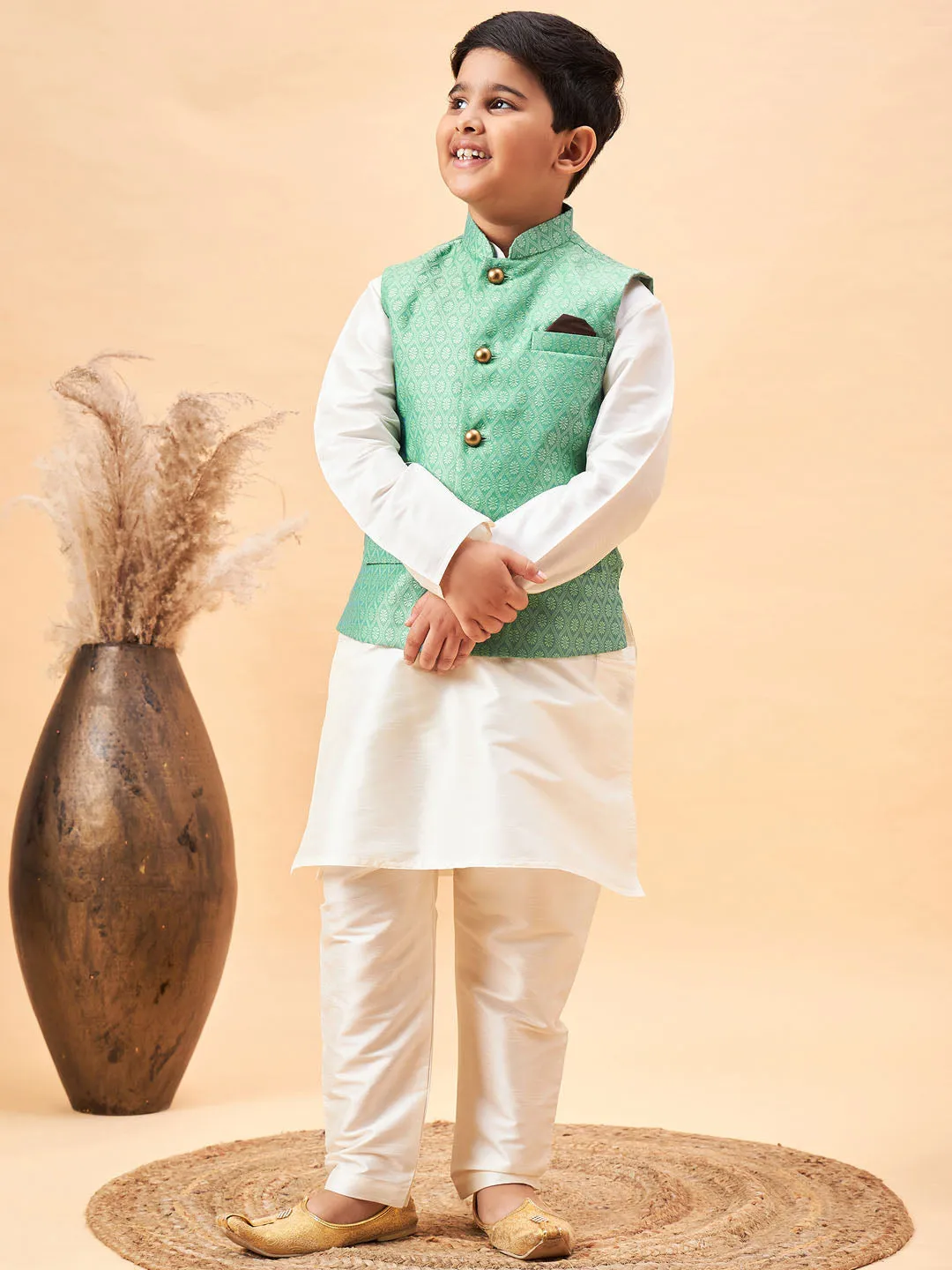 Jashvi Boy's Green Woven Jacket With Cream Kurta and Pyjama Set