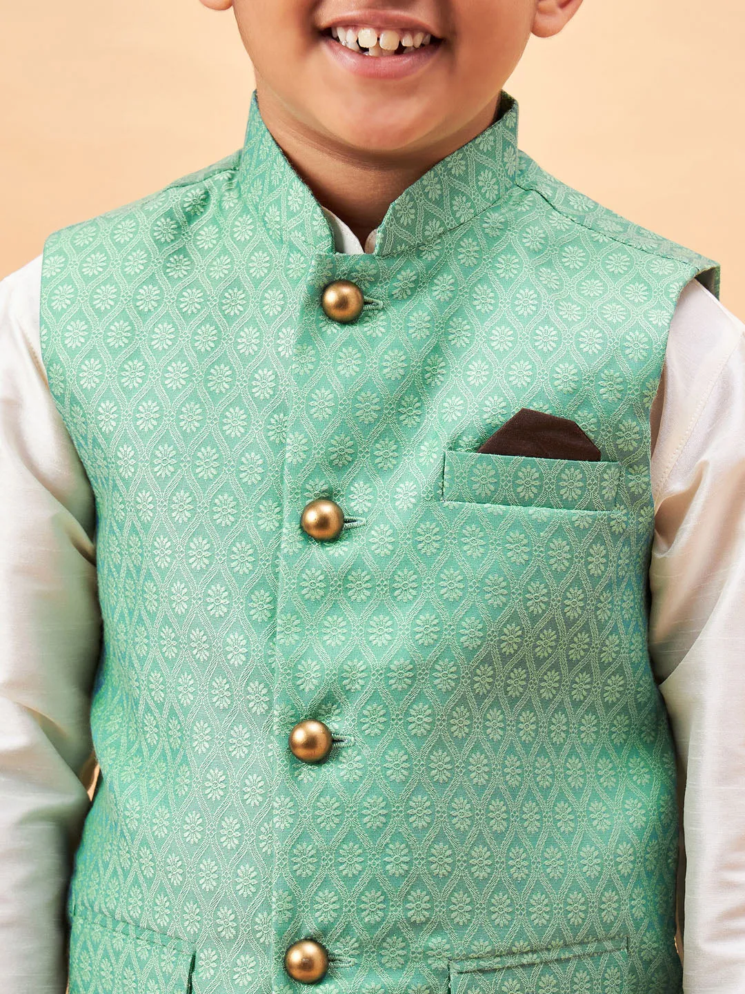 Jashvi Boy's Green Woven Jacket With Cream Kurta and Pyjama Set