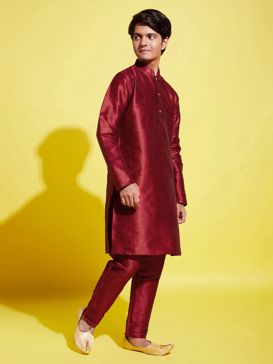 Jashvi Boys' Maroon Silk Blend Kurta and Pyjama Set