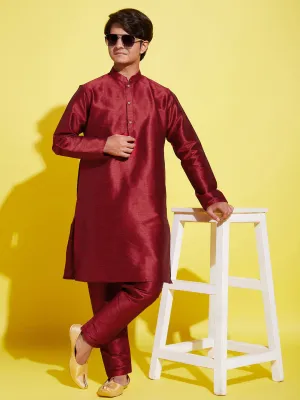 Jashvi Boys' Maroon Silk Blend Kurta and Pyjama Set